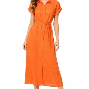 Calvin Klein Peach Button-Front Maxi Shirt Dress with Waist Tie